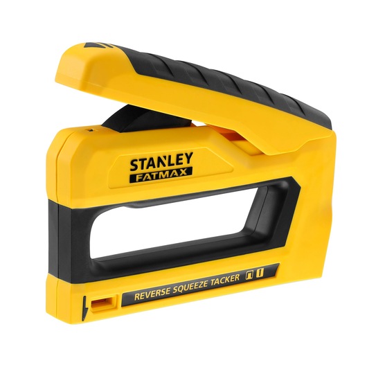 STANLEY FMHT0-80551 FATMAX reverse squeeze tacker, geel en zwart, zijaanzicht, fotografieproduct.