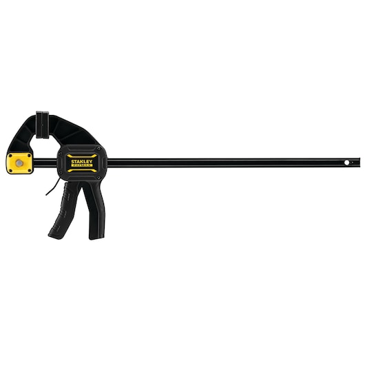 STANLEY FMHT0-83211 photographie serre-joint à gâchette noir et jaune, angle latéral sur fond blanc.