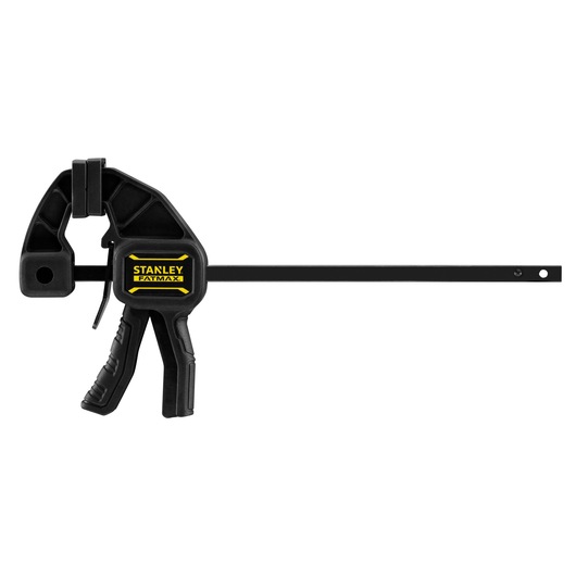 STANLEY FMHT0-83231 serre-joint à barre avec poignée noire et jaune, vue de face sur fond blanc.