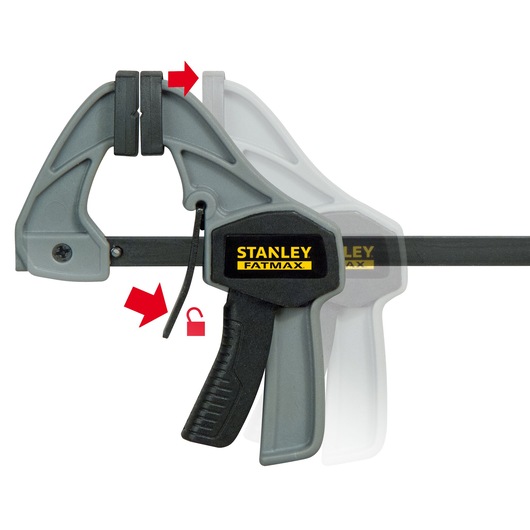 STANLEY FMHT0-83231 serre-joint manuel avec mécanisme de verrouillage, vue latérale, gris et noir avec logo jaune, flèches rouges.