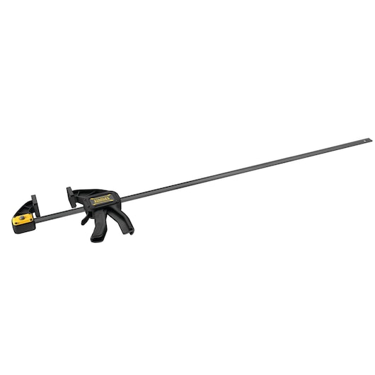 STANLEY FMHT0-83237 serre-joint à barre avec poignée noire et jaune, vue latérale sur fond blanc.