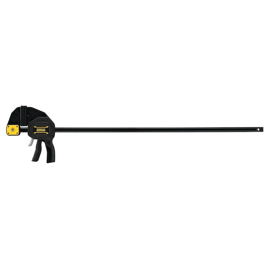 Photo du STANLEY FMHT0-83241, serre-joint à gâchette noir, outil bois, angle latéral sur fond blanc.