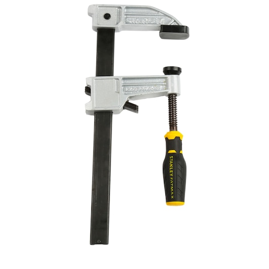 Photo du serre-joint STANLEY FMHT0-83247 avec poignée ergonomique noire et jaune, vue de face sur fond blanc.