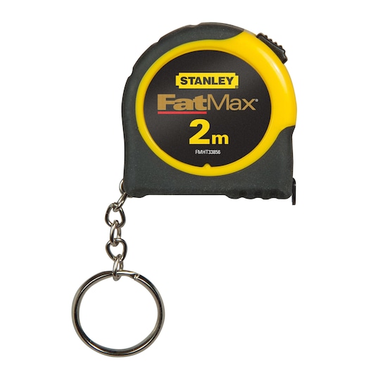 STANLEY FMHT1-33856 FatMax 2m rolbandmaat sleutelhanger, zwart en geel, voorkant op witte achtergrond.