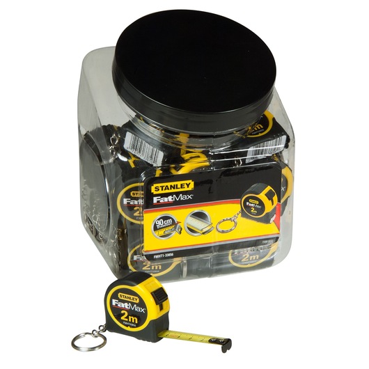 Foto van STANLEY FMHT1-33856 FatMax 2m meetlint pot met meerdere geel-zwarte meetlinten.