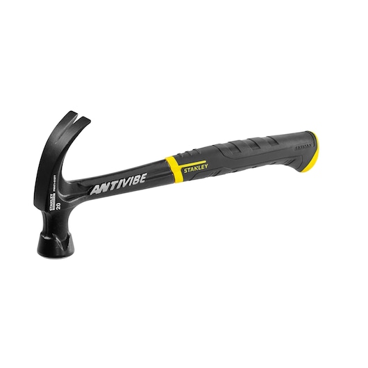STANLEY FMHT1-51277 zwarte en gele klauwhamer, zijaanzicht, AntiVibe-opdruk zichtbaar.