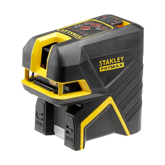 STANLEY FMHT1-77415 laserwaterpas, zwart en geel, schuine aanzicht op witte achtergrond.
