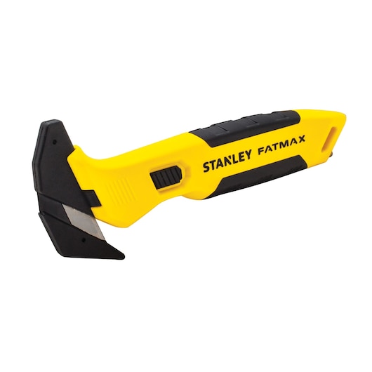 STANLEY FMHT10358-0 hobbymes met ergonomisch geel-zwart handvat, schuine snijblad, zijaanzicht product.