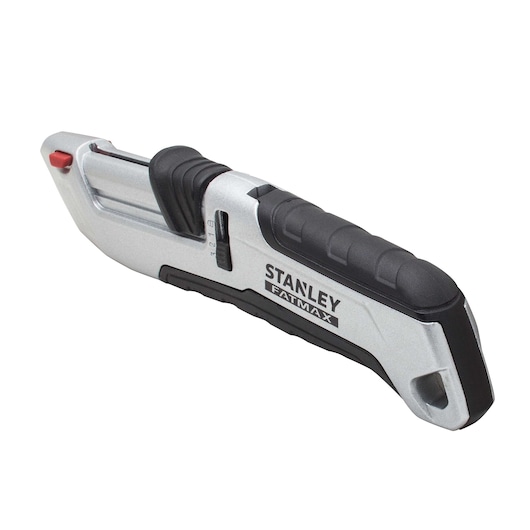 STANLEY FMHT10367-0 vouwmes met zwarte ergonomische greep, zilverkleurige behuizing, op witte achtergrond.