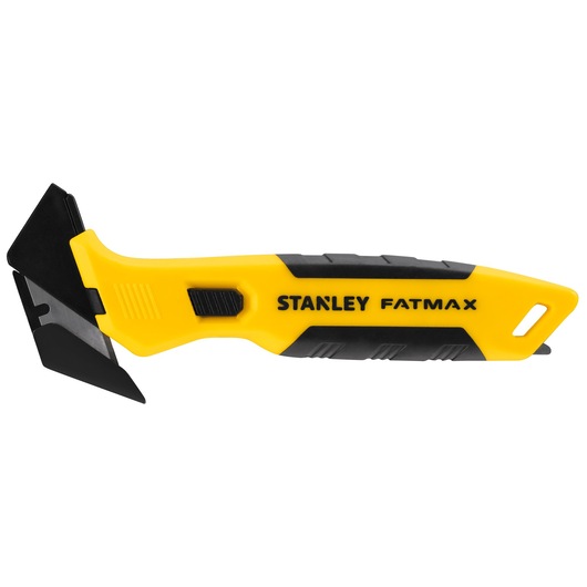 Foto van de STANLEY FMHT10373-0 geel-zwarte multitool schraper met ergonomisch handvat, zijaanzicht.