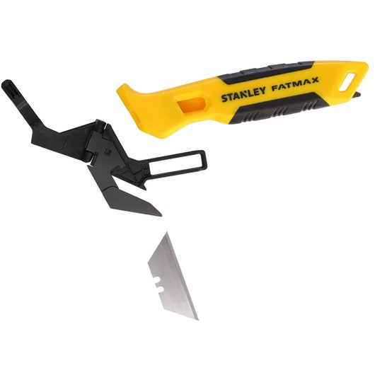 Foto van STANLEY FATMAX FMHT10373-0 afbreekmes met geel-zwart handvat en losse messen, zijaanzicht.