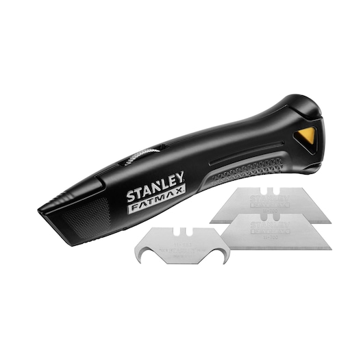 STANLEY FMHT10500-0 couteau utilitaire avec poignée noire et trois lames de rechange, vue latérale sur fond blanc.