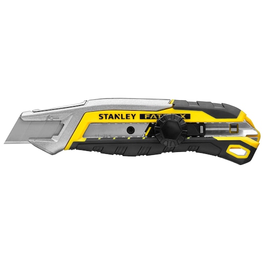 Cutter Stanley FATMAX profil latéral sur fond blanc, manche jaune et noir, lame exposée