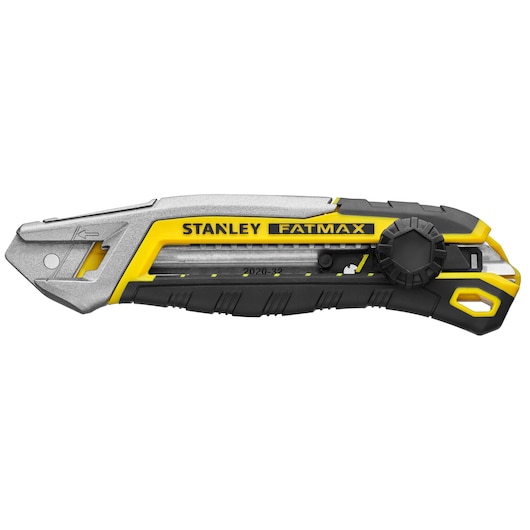 Stanley FATMAX couteau utilitaire rétractable, vue latérale, jaune et noir, sur fond blanc