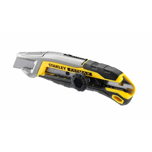 STANLEY FMHT10592-0 couteau utilitaire, vue latérale, jaune et noir avec poignée ergonomique.