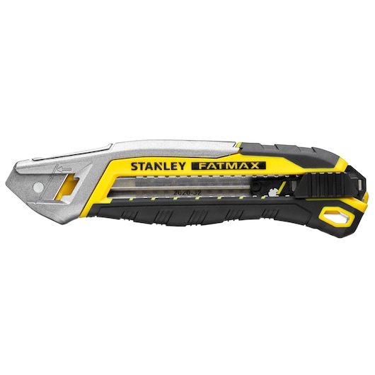 STANLEY FMHT10594-0 hobbymes, zwart-geel, zijaanzicht, zilveren meshouder, FATMAX merk.
