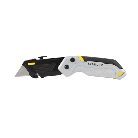 STANLEY FMHT10621-0 vouwbaar hobbymes, zwart en zilver met gele accenten, zijaanzicht op witte achtergrond.