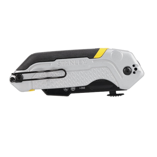 STANLEY FMHT10621-0 opvouwbaar hobbymes, zilver en zwart, zijaanzicht, met broekclip en getextureerd handvat.