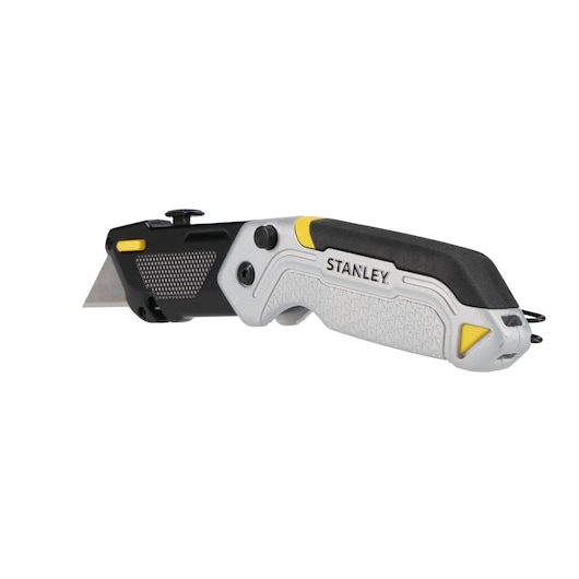 STANLEY FMHT10621-0 vouwbaar hobbymes met zilveren, zwart en geel handvat, zijaanzicht, witte achtergrond.