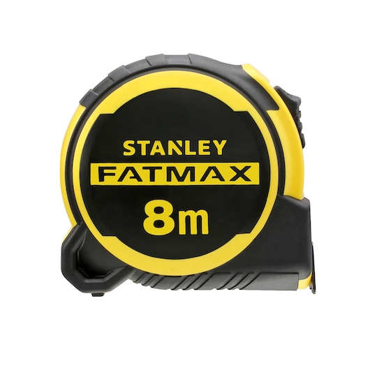 Foto van STANLEY FMHT33102 FATMAX 8m rolmaat, zwart en geel, vooraanzicht, op witte achtergrond.
