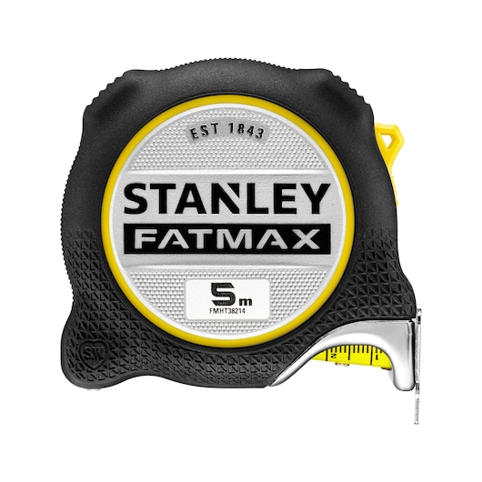 STANLEY FMHT38214-0 rolmaat, FATMAX model, 5 meter, zwarte en gele behuizing, vooraanzicht, fotografie.