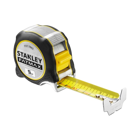 STANLEY FATMAX FMHT38214-0 rolmaat, 5 meter, gele band, rubberen behuizing, vooraanzicht op witte achtergrond.