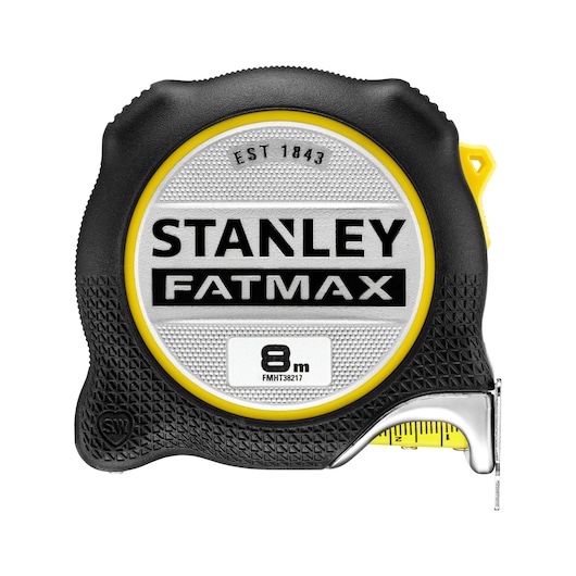 STANLEY FATMAX 8m rolmaat FMHT38217-0, zwart en geel, fotografie, vooraanzicht op witte achtergrond.