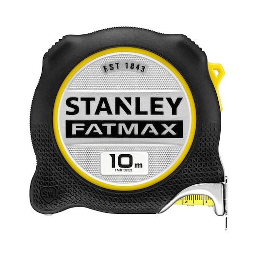 STANLEY FMHT38232-0 rolmaat, FATMAX-serie, 10 m lengte, zwart en geel, vooraanzicht, fotografie.