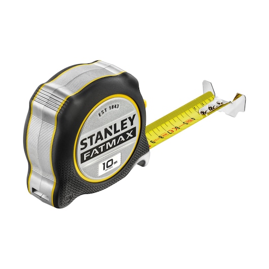 STANLEY FMHT38232-0 rolmaat, 10m, gele band, zwarte en zilveren behuizing, foto zijaanzicht.