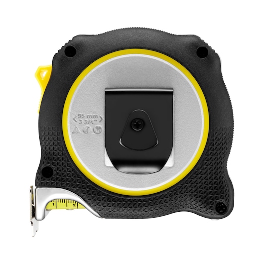 STANLEY FMHT38232-0 meetlint achteraanzicht met zwarte clip en zwart-gele textuur behuizing.