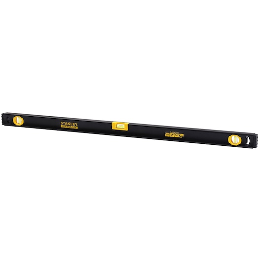 STANLEY FMHT42447-1 waterpas, zwart lichaam met gele vials, vooraanzicht, handgereedschap.