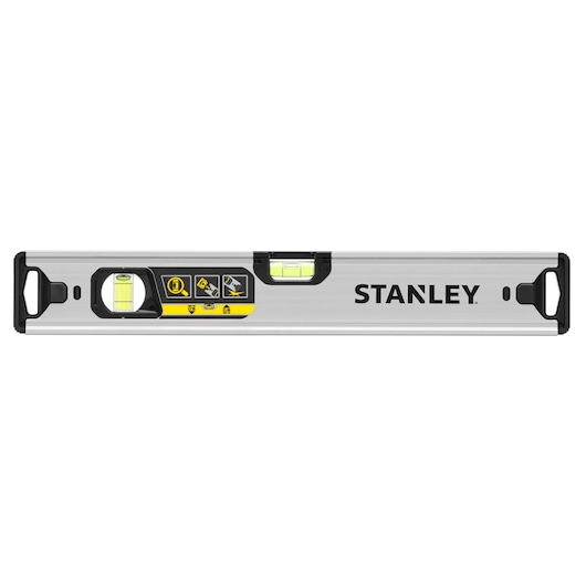 Photo vue de face du niveau à bulle en aluminium STANLEY FMHT43670-1 avec trois fioles, corps argenté, embouts noirs.