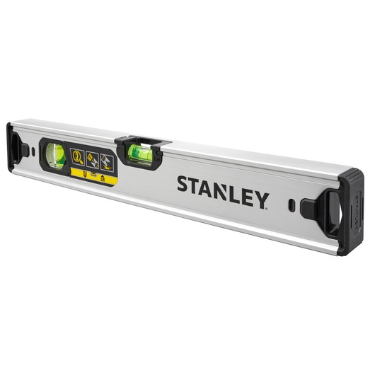 STANLEY FMHT43670-1 waterpas, zilverkleurig met zwarte uiteinden, twee libellen, zijaanzicht op witte achtergrond.