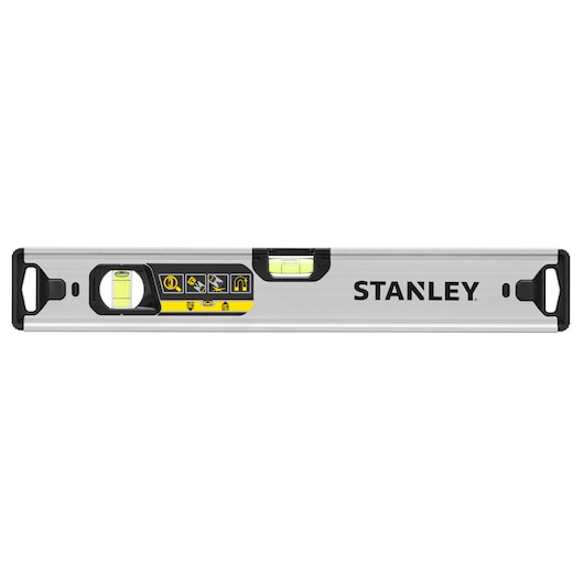 STANLEY FMHT43671-1 niveau à bulle à profilé aluminium, trois fioles, embouts noirs, vue de face sur fond blanc.