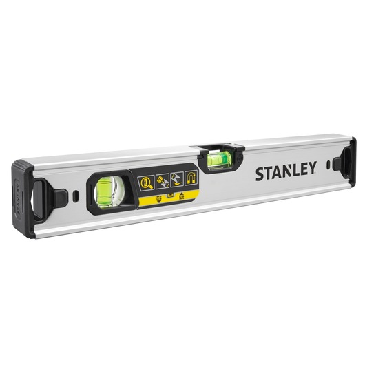STANLEY FMHT43671-1 waterpas met dubbele libellen, zilveren behuizing, gele details, zijaanzicht, gereedschap.