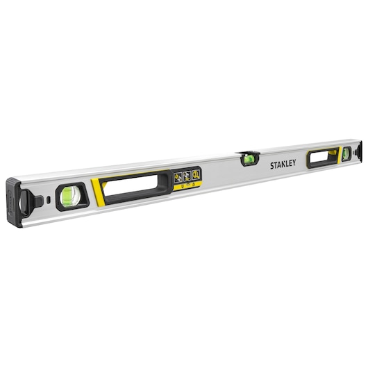 Stanley FMHT43674-1 aluminium waterpas, 3 buizen, vooraanzicht, gele en zwarte accenten.