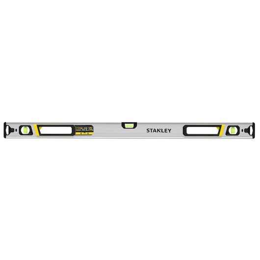 STANLEY FMHT43675-1 waterpas, rechte aluminium behuizing, drie flesjes, voorkant, gele en zwarte details.