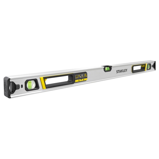STANLEY FMHT43675-1 waterpas met drie libellen, aluminium behuizing, zwarte en gele accenten, schuine hoek.