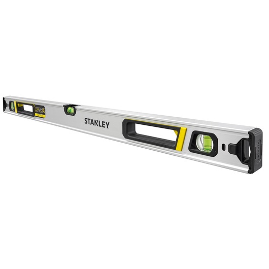 STANLEY FMHT43675-1 waterpas, zilver met zwarte en gele details, schuine foto op witte achtergrond.