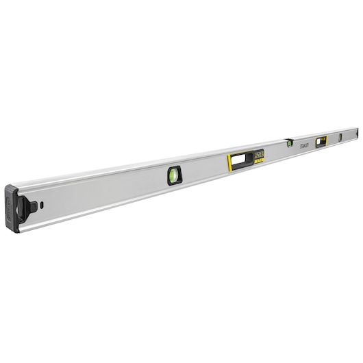 STANLEY FMHT43679-1 aluminium waterpas, rechte hoek, zilveren behuizing met kijkvensters, witte achtergrond.