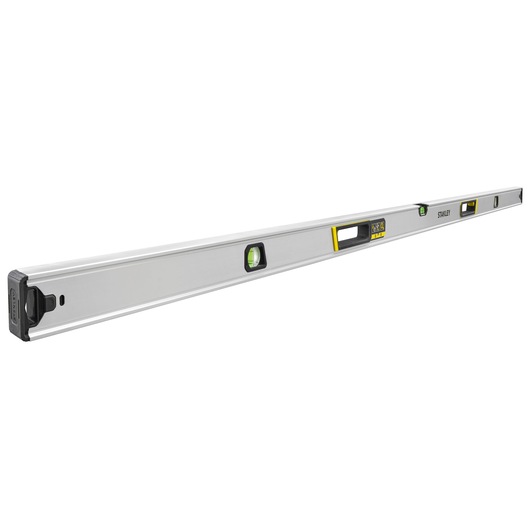 STANLEY FMHT43680-1 waterpas met aluminium behuizing, drie libellen, ergonomische handgrepen, zijaanzicht op witte achtergrond.
