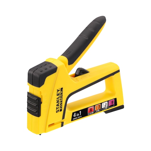 Agrafeuse-cloueuse STANLEY FATMAX 4-en-1 jaune, poignée ergonomique, FMHT6-70411 sur fond blanc.