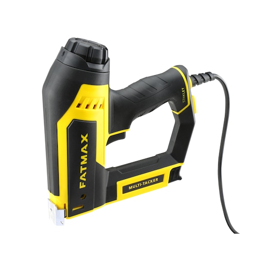 STANLEY FMHT6-75934 multi-tacker met voedingskabel, geel en zwart, schuine aanzicht op witte achtergrond.