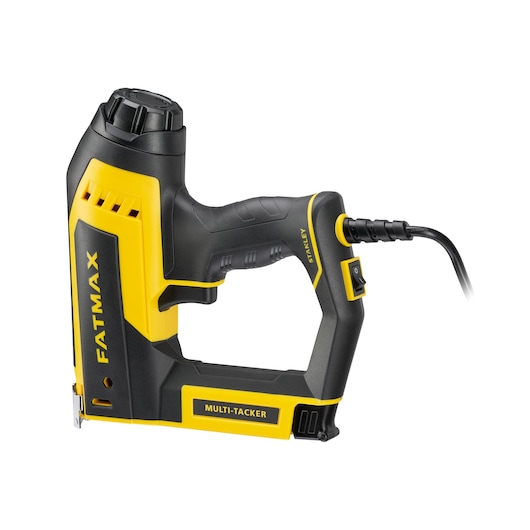 Foto van STANLEY FATMAX FMHT6-75934 elektrische multitacker, geel en zwart, zijaanzicht op witte achtergrond.