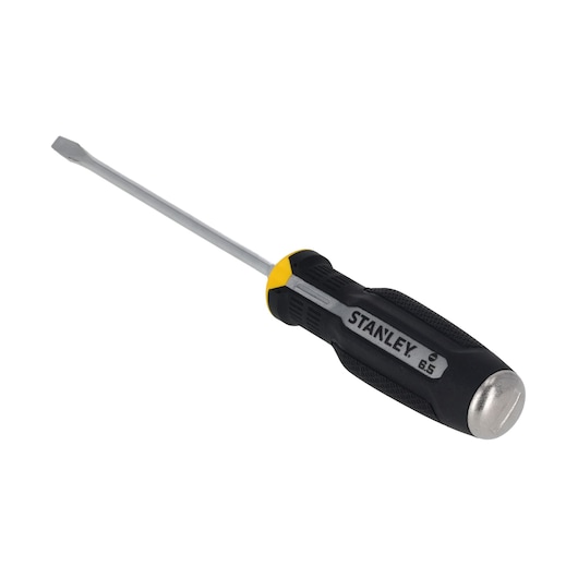 STANLEY FMHT65700-0 tournevis plat avec poignée ergonomique noire et jaune, vue de côté sur fond blanc.