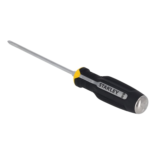 Photo du tournevis cruciforme STANLEY FMHT65701-0 avec poignée noire et jaune, vu en angle sur fond blanc.