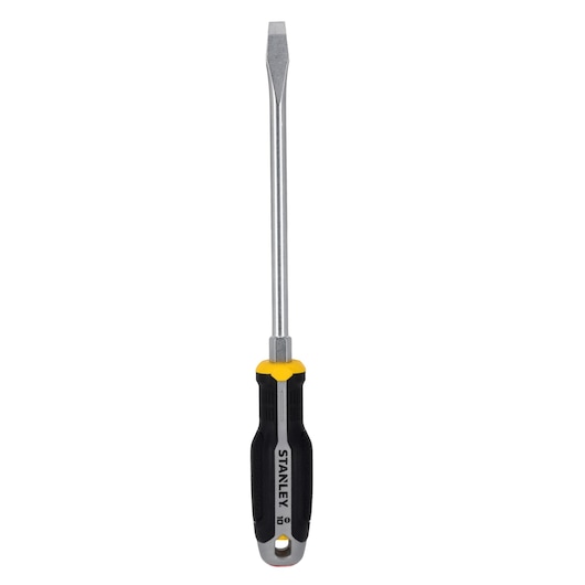 STANLEY FMHT65702-0 platte schroevendraaier met zwart-gele ergonomische handgreep, vooraanzicht, witte achtergrond.