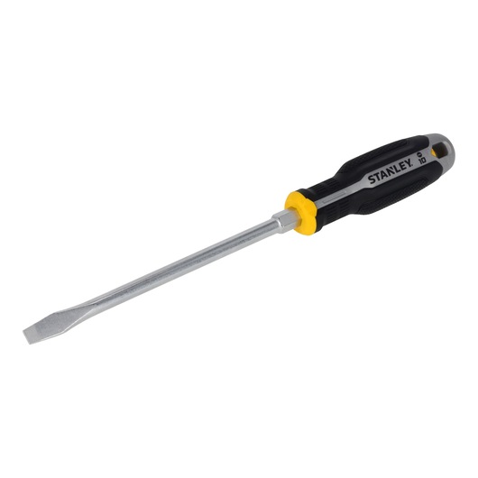 STANLEY FMHT65702-0 platte schroevendraaier met zwart-gele handgreep, productfoto onder hoek op witte achtergrond.