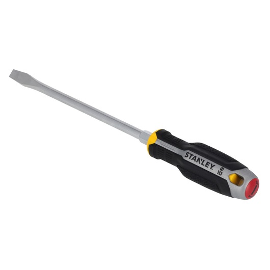 STANLEY FMHT65702-0 platte schroevendraaier met zwart-geel handvat, zijaanzicht op witte achtergrond.