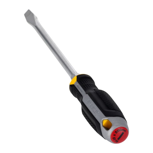 STANLEY FMHT65702-0 platte schroevendraaier met zwart-gele ergonomische handgreep, schuin op witte achtergrond.